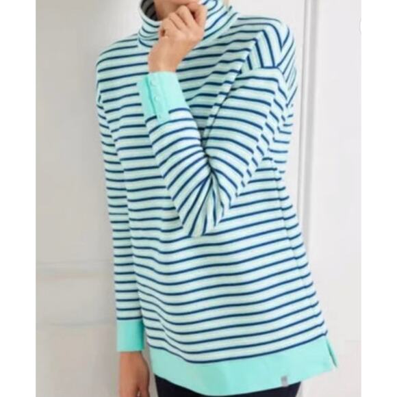 T by Talbots Funnel Neck Pullover Green & Blue Stripe Women’s XS Comfy Cozy NEW - Picture 1 of 9